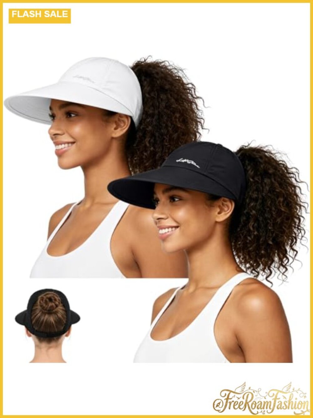 2 Pack Womens Sun Hat Ponytail Wide Brim UV Visor Baseball Hat Fishing Golf